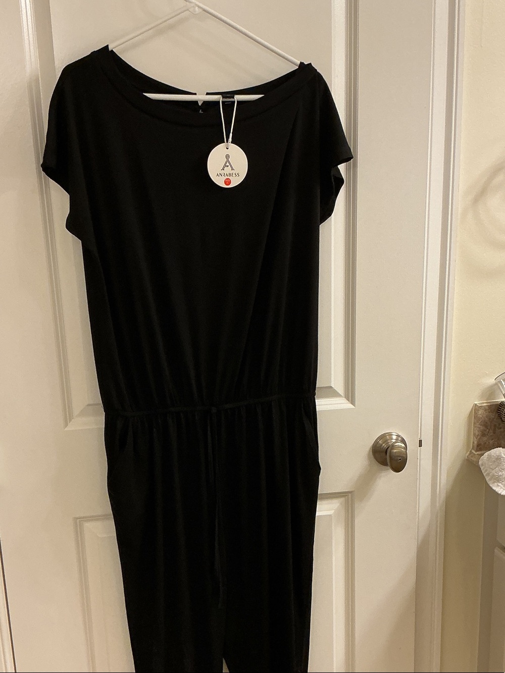 Annabelle Black Short-Sleeve Jumpsuit with Drawstring Waist Detail